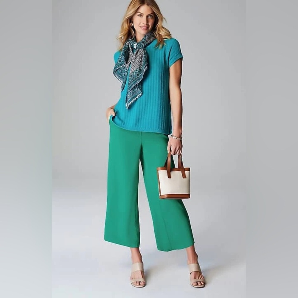 NEW J.Jill‎ $89 Wearever Easy-Care Woven Wide-Leg Crops Teal Green Pull-On XS